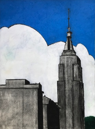 Empire State Building with Cloud; 
2019; charcoal and oil pastel on paper, 24 x 18"